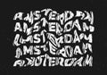 Amsterdam typography text or slogan. Wavy letters with grunge, rough texture. T-shirt graphic with ripple or glitch effect.